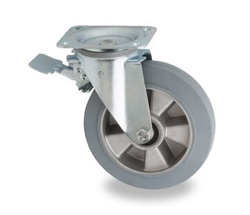 Roda giratória com travão, para caixote do lixo, Ø 200mm, pneu de borracha elástica cinzento, 400KG