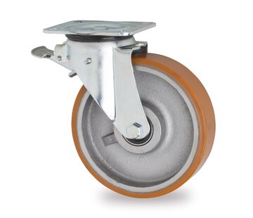 swivel castor with brake, Ø 200 mm, vulcanised polyurethane tyre, 950KG
