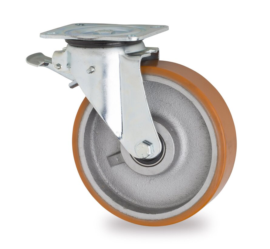 swivel castor with brake, Ø 160 mm, vulcanised polyurethane tyre, 800KG