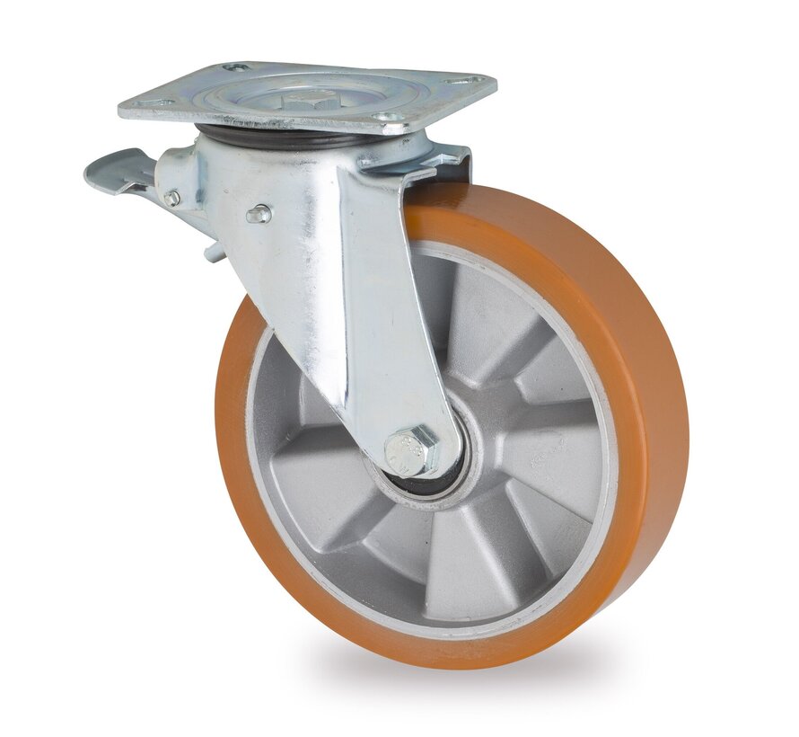 swivel castor with brake, Ø 200 mm, vulcanised polyurethane tyre, 800KG
