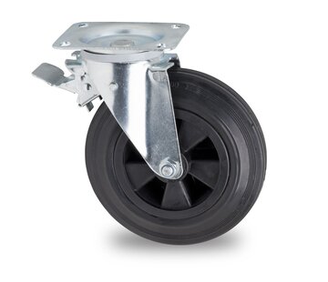 Rueda giratoria para contenedor de basura + freno, Ø 200mm, neumático de caucho, 200KG
