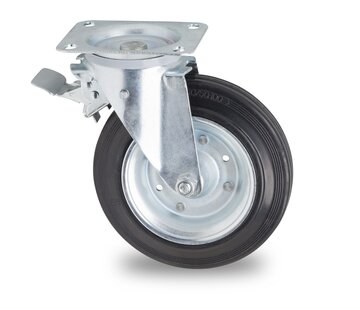 Roulette pivotante pour poubelle avec frein, Ø 200mm, bandage caoutchouc noir, 200KG