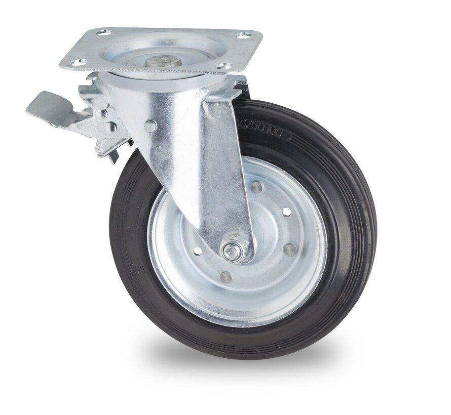 Länkhjul för papperskorg med broms, Ø 200mm, svart gummihjul, 200KG