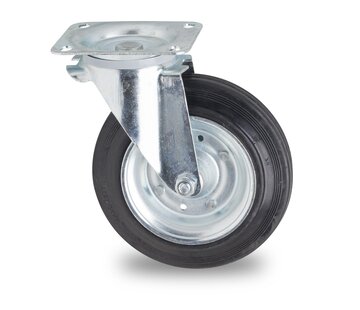 Roue pivotante pour conteneur à déchets, Ø 200 mm, bandage caoutchouc noir, 200KG