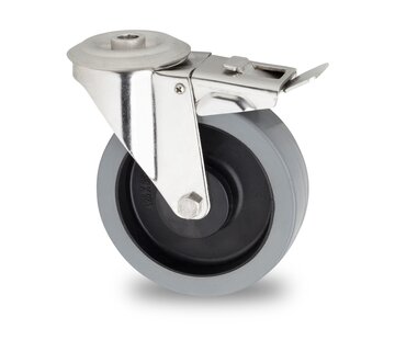 svängbart hjul med broms, Ø 100mm, vadderat elastiskt gummidäck, 150KG