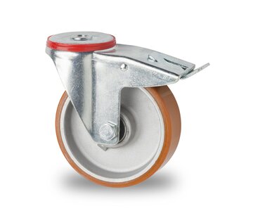 länkhjul med broms, Ø 100mm, slitbana av vulkaniserad polyuretan, 200KG