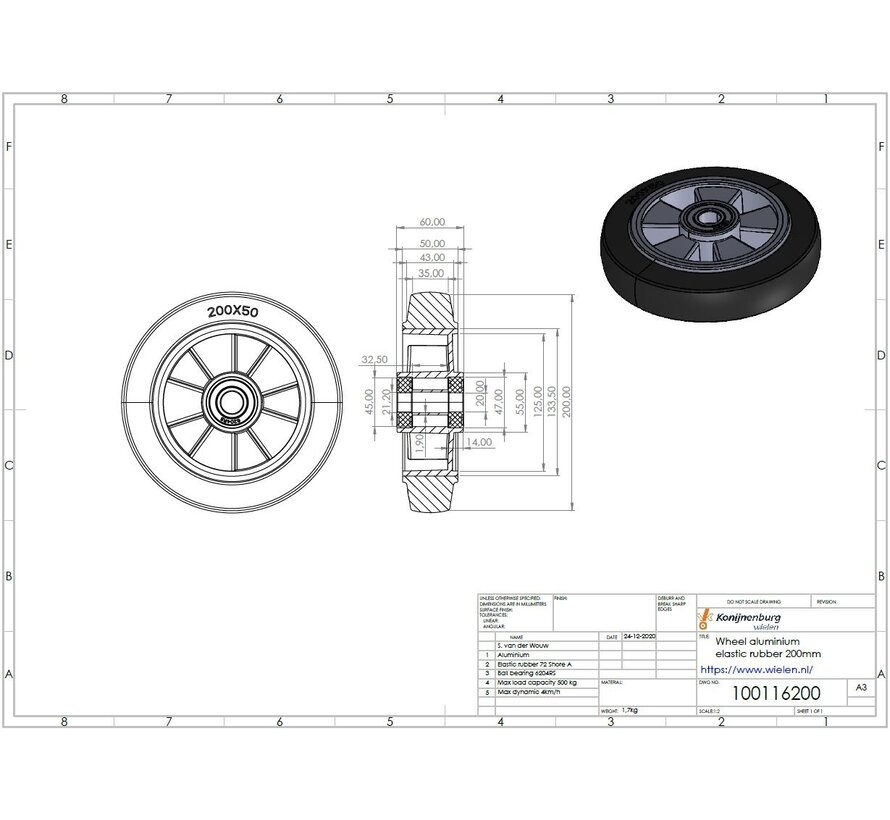 Roda industrial com pneu elástico, rolamento de esferas de precisão, diâmetro da roda 200 mm, 400 kg