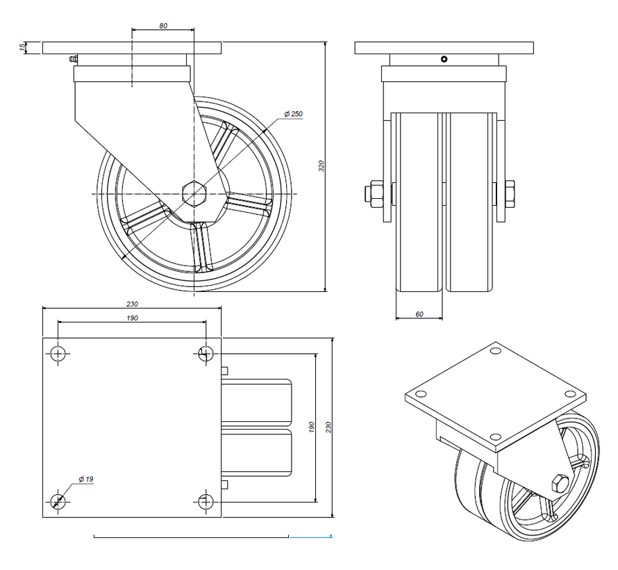 Rodas de alta carga Roda giratória Suporte e chapa de fixação de ferro fundido, poliuretano fundido, rolamento rígido de esferas, Roda-Ø 250mm, 2800KG