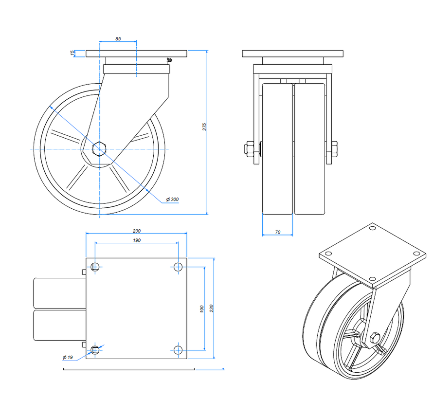 Heavy duty Swivel caster from Welded steel housing, plate fitting, Vulcanized Polyurethane tread, precision ball bearing, Wheel-Ø 300mm, 4000KG