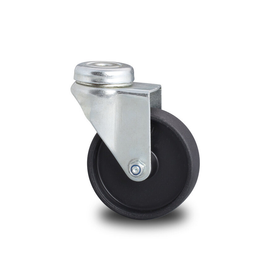 Institutional Swivel caster from pressed steel, bolt hole, Polypropylene Wheel, plain bearing, Wheel-Ø 50mm, 40KG