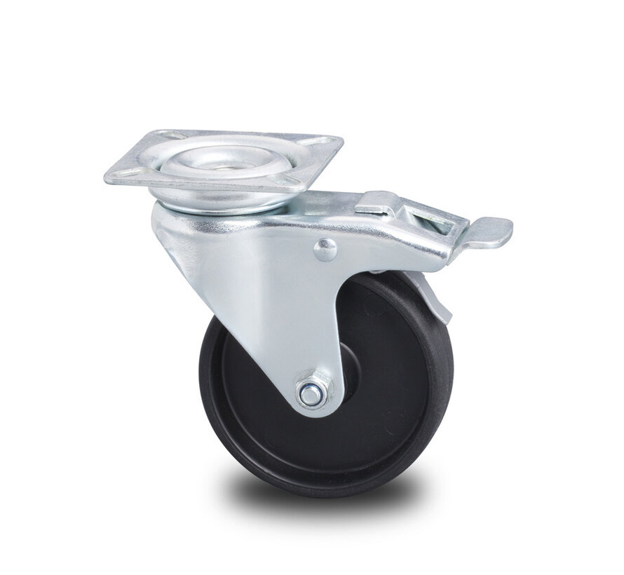 Institutional Swivel caster with brake from pressed steel, plate fitting, Polypropylene Wheel, plain bearing, Wheel-Ø 50mm, 40KG