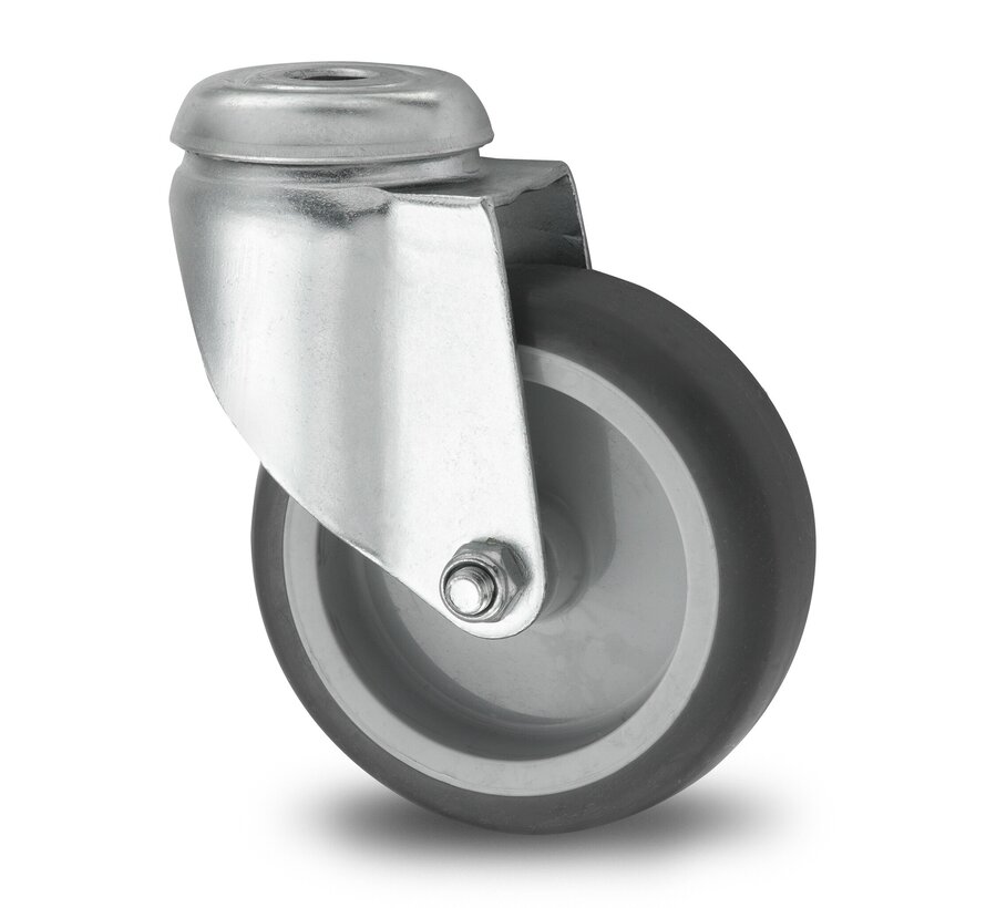 Apparatus swivel caster from pressed steel, bolt hole, thermoplastic rubber grey non-marking, plain bearing, Wheel-Ø 50mm, 50KG