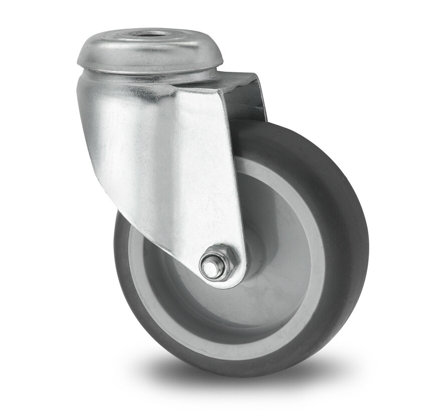 Rodas de aço Roda giratória chapa de aço, goma termoplástica cinza, não deixa marca, rolamento liso, Roda-Ø 50mm, 50KG