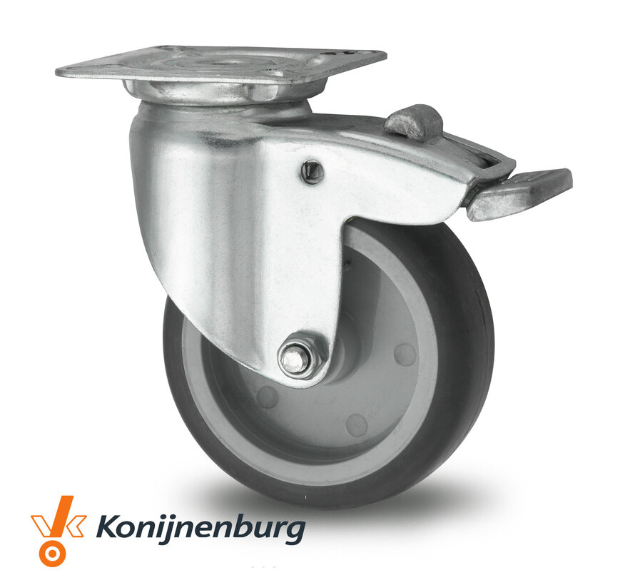Institutional Swivel caster with brake from pressed steel, plate fitting, thermoplastic rubber grey non-marking, plain bearing, Wheel-Ø 100mm, 80KG