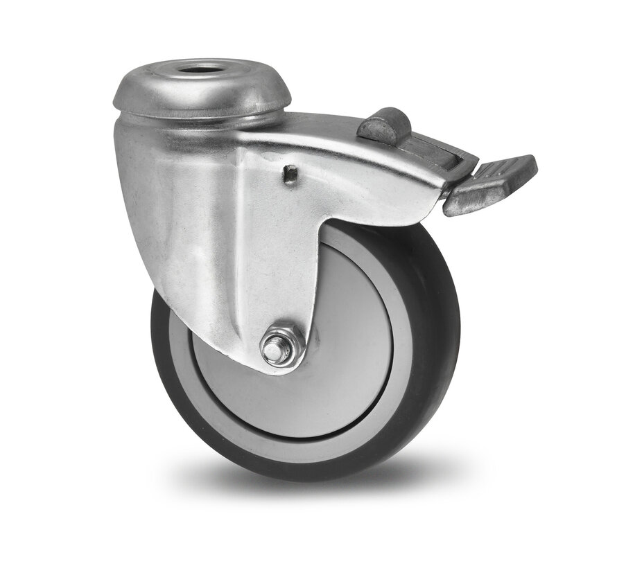 Rodas de aço Roda giratória travão chapa de aço, goma termoplástica cinza, não deixa marca, rolamento rígido de esferas, Roda-Ø 50mm, 50KG