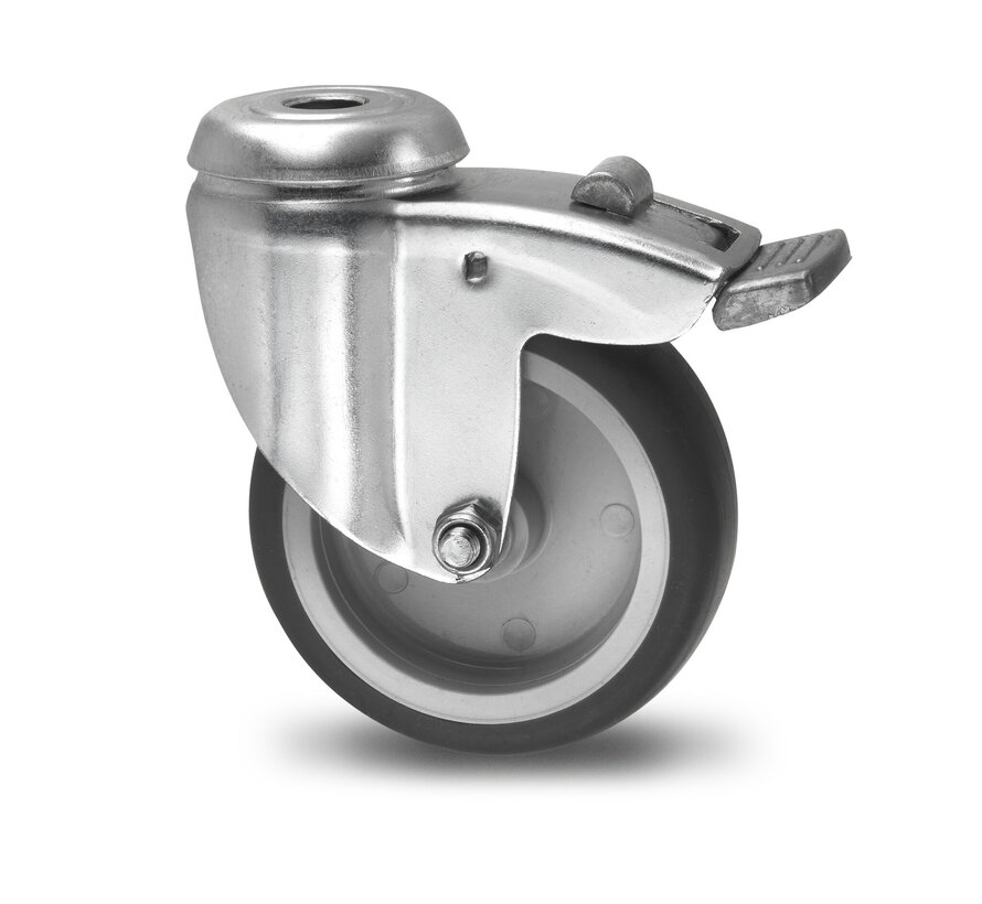 Institutional Swivel caster with brake from pressed steel, bolt hole, thermoplastic rubber grey non-marking, plain bearing, Wheel-Ø 75mm, 75KG