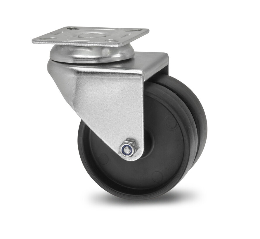 Institutional Swivel caster from pressed steel, plate fitting, Polypropylene Wheel, plain bearing, Wheel-Ø 50mm, 80KG