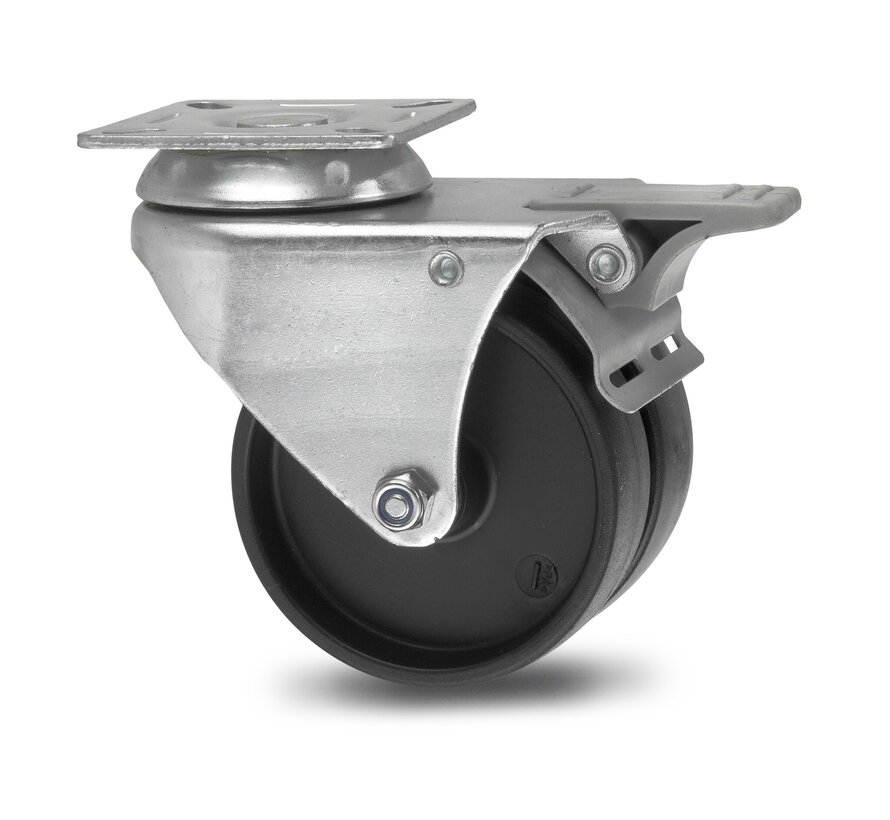 Institutional Swivel caster with brake from pressed steel, plate fitting, Polypropylene Wheel, plain bearing, Wheel-Ø 50mm, 80KG