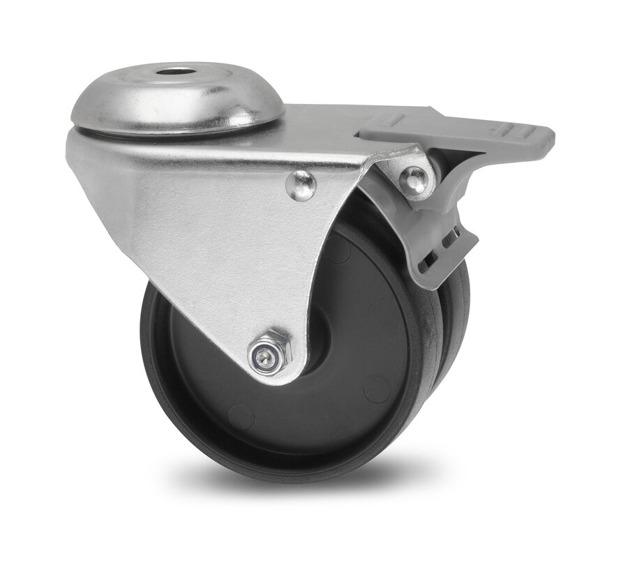 Institutional Swivel caster with brake from pressed steel, bolt hole, Polypropylene Wheel, plain bearing, Wheel-Ø 50mm, 80KG