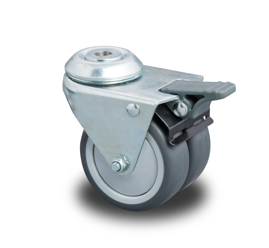 Institutional Swivel caster with brake from pressed steel, bolt hole, Polypropylene Wheel, plain bearing, Wheel-Ø 50mm, 80KG