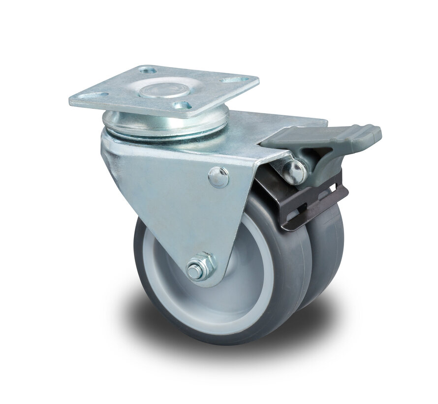 Institutional Swivel caster with brake from pressed steel, plate fitting, Polypropylene Wheel, plain bearing, Wheel-Ø 50mm, 80KG