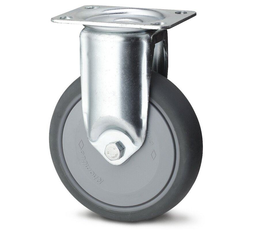 Institutional Fixed caster from pressed steel, plate fitting, thermoplastic rubber grey non-marking, precision ball bearing, Wheel-Ø 100mm, 100KG