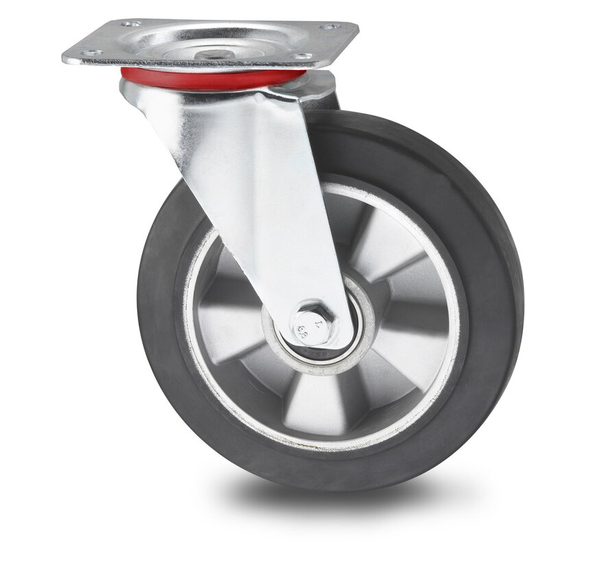 Industrial Swivel caster from pressed steel, plate fitting, elastic-tyre, precision ball bearing, Wheel-Ø 160mm, 300KG