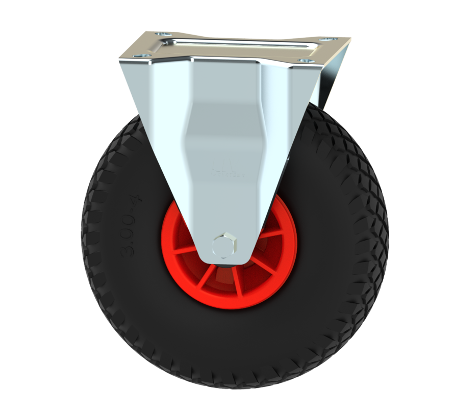 Industrial Fixed caster from pressed steel, plate fitting, pneumatic tyre block profile, plain bearing, Wheel-Ø 260mm, 150KG