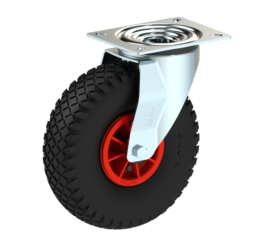 Rodas industriais Roda giratória chapa de aço, rodagem pneumática dolgu profilli, rolamento liso, Roda-Ø 260mm, 150KG
