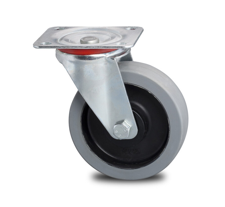 Industrial Swivel caster from pressed steel, plate fitting, elastic-tyre, 2-RS precision ball bearings, Wheel-Ø 100mm, 150KG