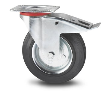 Roda giratória travão, Ø 125mm, goma negra, 100KG