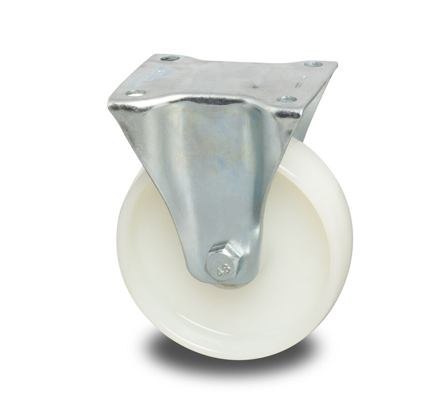 Rueda fija industrial de acero prensado, pletina de montaje, rueda de poliamida, cojinete de rodillos, Ø rueda 150 mm, 300 kg