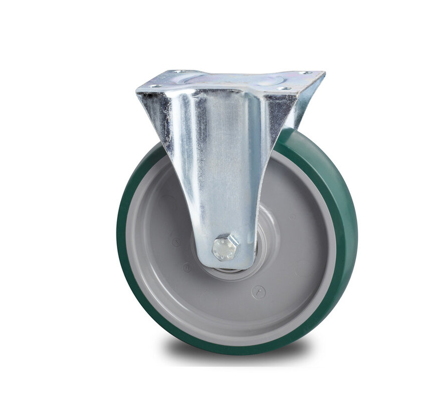 Industrial Fixed caster from pressed steel, plate fitting, Injected polyurethane, precision ball bearing, Wheel-Ø 100mm, 150KG
