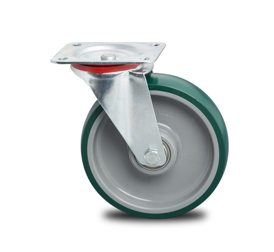 Roulettes industrielles Roulette pivotante de acier embouti, Fixation à platine, polyuréthane injecté, roulements à billes de précision, Roue-Ø 100mm, 150KG