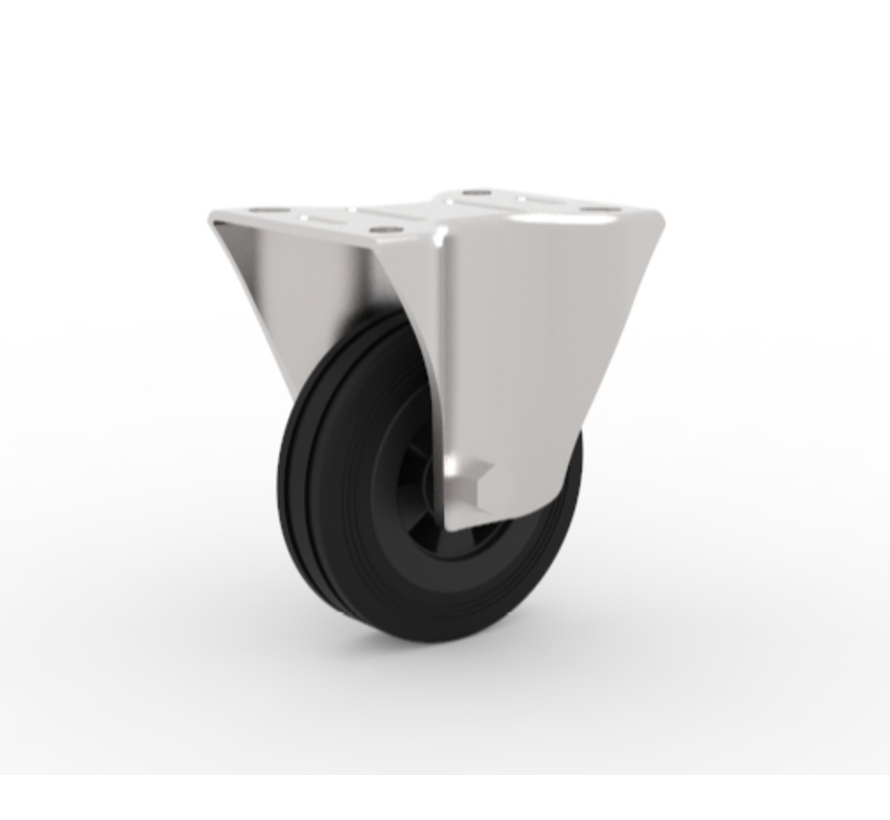 Ruedas para transporte industrial Rueda fija chapa de acero, pletina de fijación, goma negra, cojinete de rodillos, Rueda-Ø 125mm, 100KG