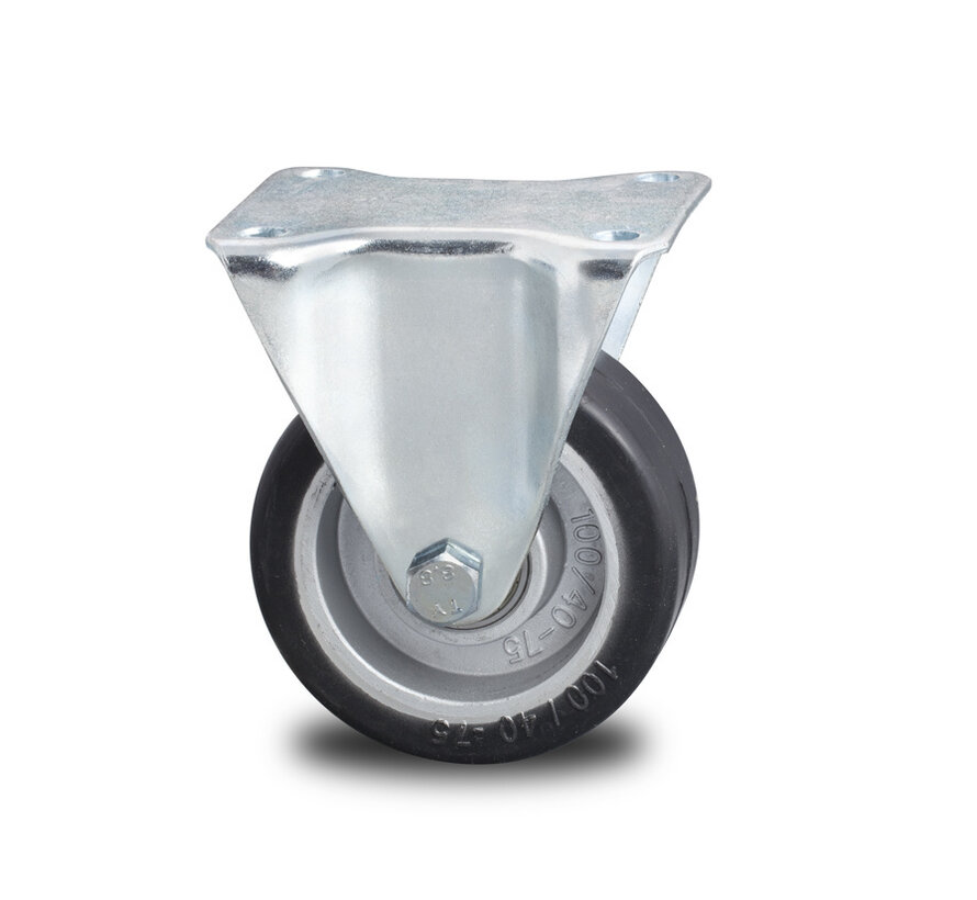 Industrial Reinforced Housing Fixed caster from Pressed hard steel, plate fitting, elastic-tyre, precision ball bearing, Wheel-Ø 125mm, 200KG