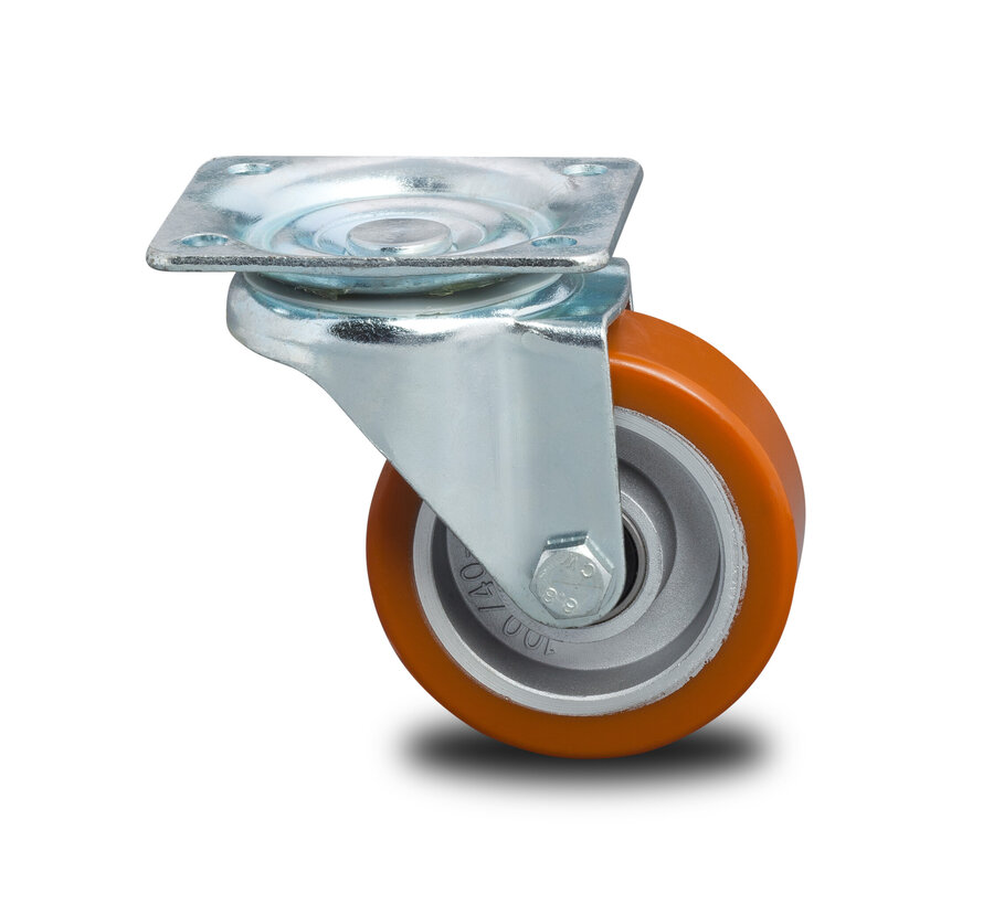 Industrial Reinforced Housing Swivel caster from Pressed hard steel, plate fitting, Vulcanized Polyurethane tread, precision ball bearing, Wheel-Ø 100mm, 200KG