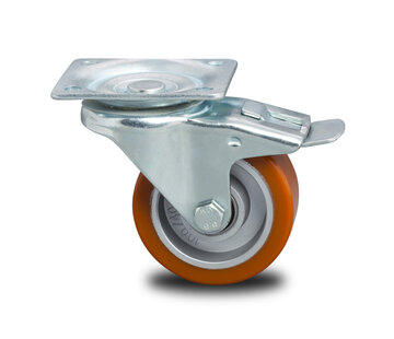 Roda giratória travão, Ø 100mm, poliuretano fundido, 200KG