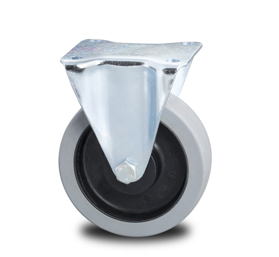 Przemysłowe wzmocnione koło stałe z tłoczonej stali twardej, mocowanie płytkowe, opona elastyczna, łożysko rolkowe, koło-Ø 100 mm, 180 kg
