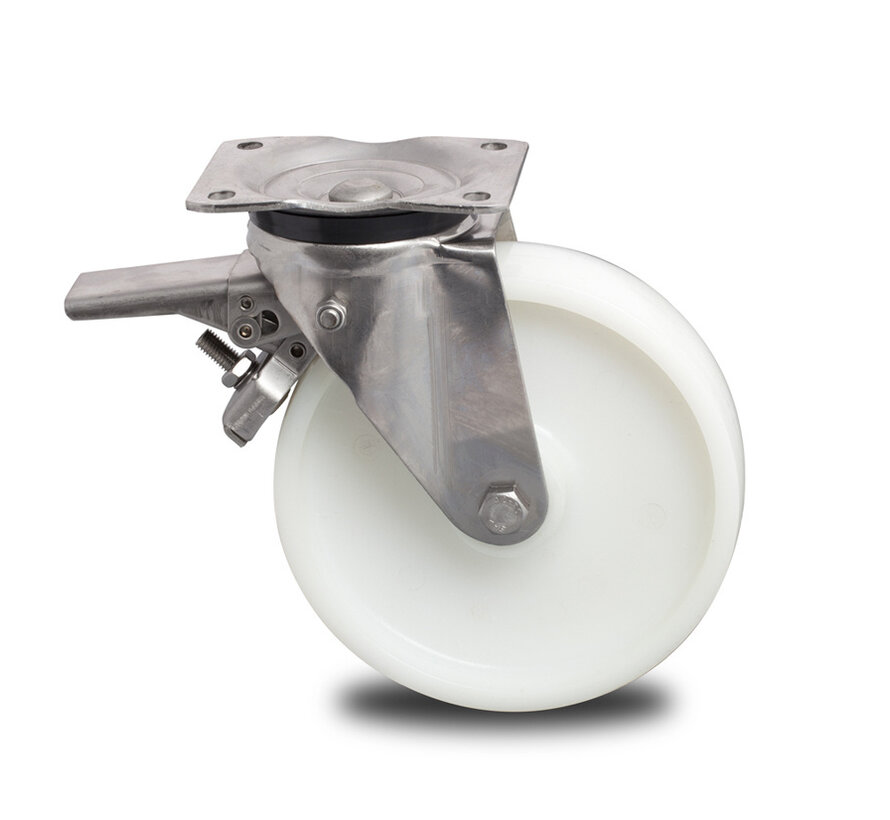 Stainless Steel Swivel caster with brake from Stainless Steel Pressed, plate fitting, Polyamide wheel, plain bearing, Wheel-Ø 125mm, 450KG