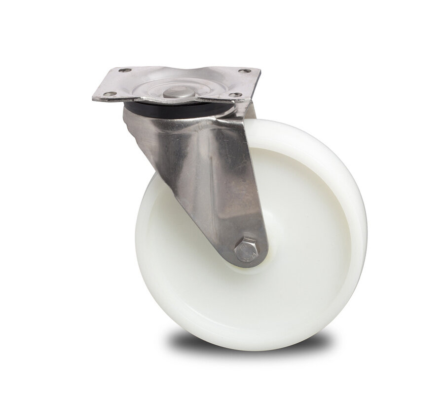 Roulette pivotante en acier inoxydable avec frein, en acier inoxydable embouti, fixation à platine, roue en polyamide, moyeu lisse, diamètre de roue 150 mm, 500 kg