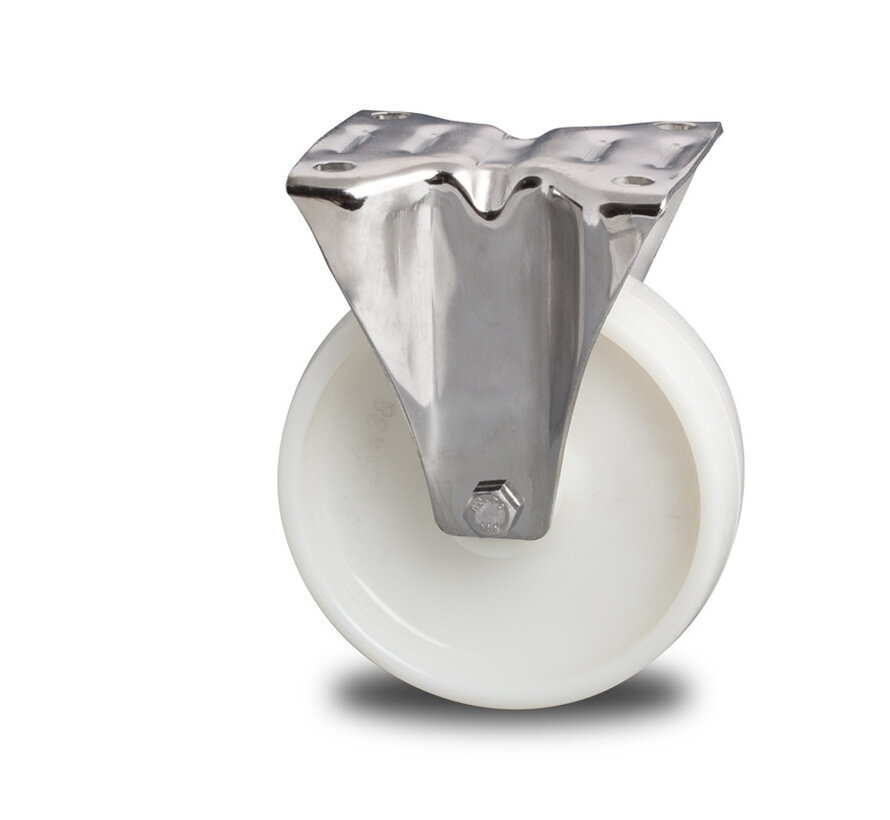 Roulette fixe en acier inoxydable embouti, fixation à platine, roue en polyamide, roulement à rouleaux en acier inoxydable, diamètre de roue 200 mm, 300 kg