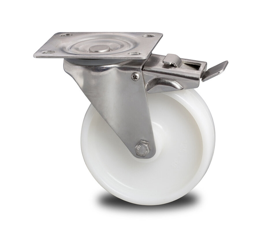 Inox / aço inoxidável AISI 304 Roda giratória travão aço inoxidável prensado, Roda Poliamida, rolamento de agulhas aço inoxidável, Roda-Ø 150mm, 300KG