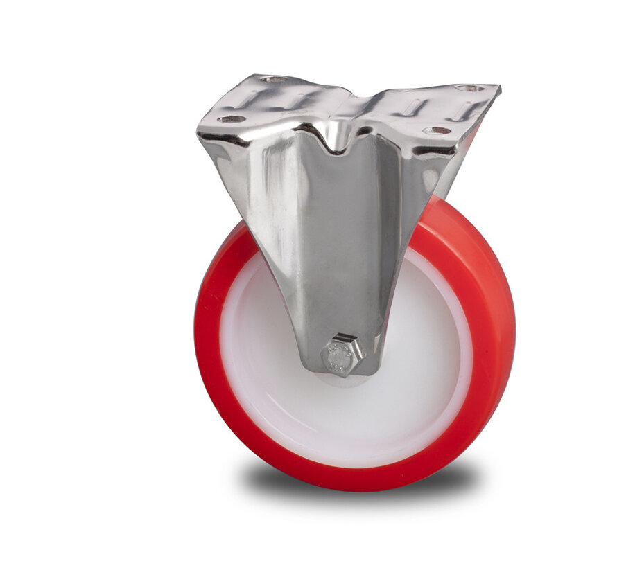 Edelstahl Bockrolle aus Edelstahl gepresst, Plattenbefestigung, gespritztes Polyurethan, Gleitlager, Rad-Ø 200mm, 320KG