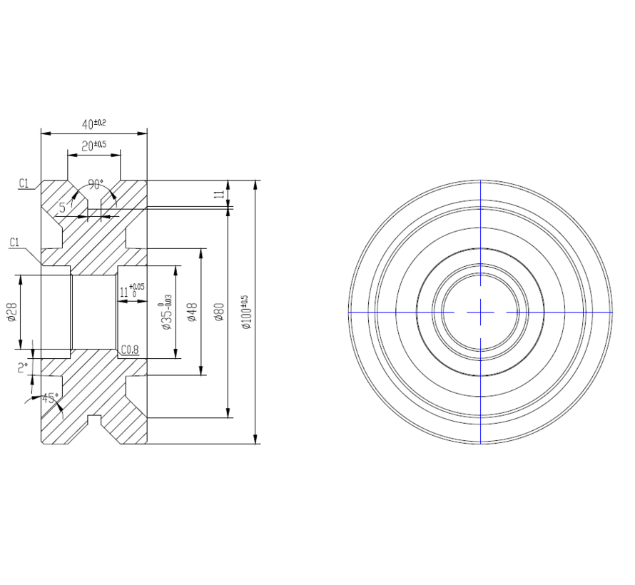 Roue industrielle à rainure en V Ø 100 x 40/20 mm, construction en acier moulé massif, roulement à billes de précision, rainure en V usinée CNC – Capacité de charge 600 kg