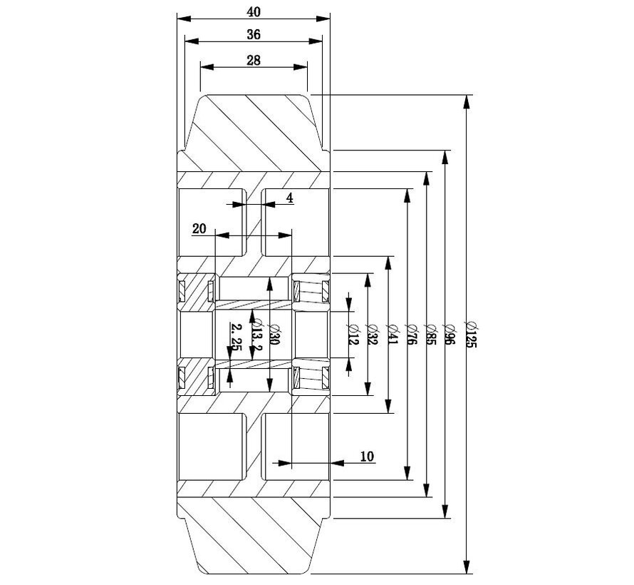 Rueda industrial de banda elástica, rodamiento de bolas de precisión, Ø de rueda 125 mm, 200 kg