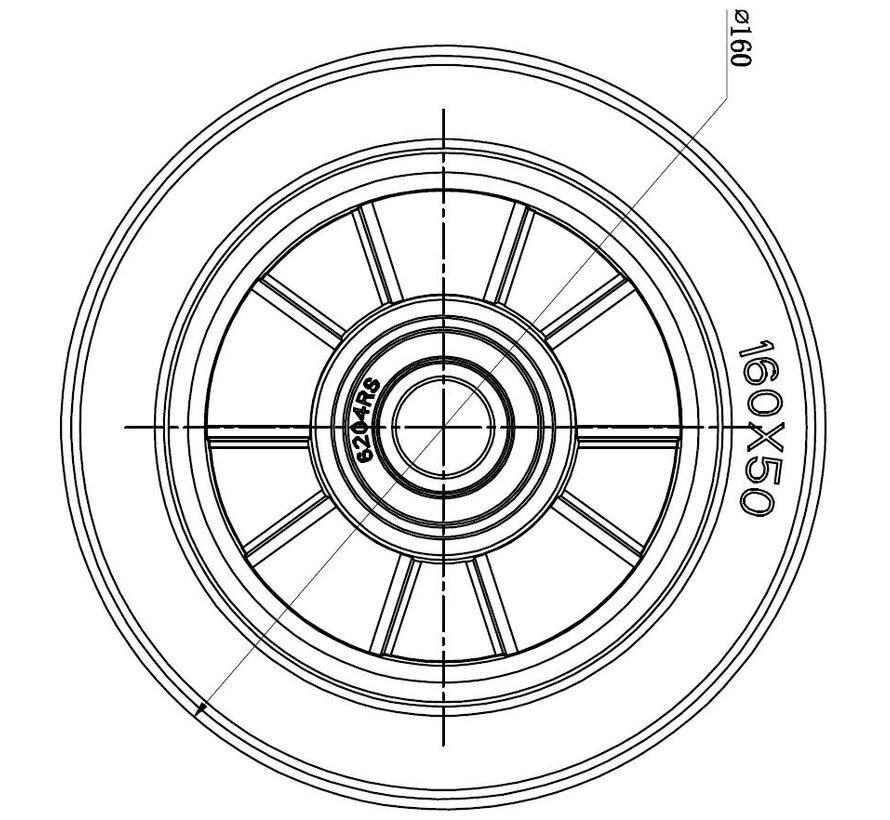 Industrierad Ø160x50mm, Elastikgummireifen, Aluminium-Radkörper, Präzisionskugellager, Achsloch Ø20mm, Nabenlänge 60mm – 300kg Tragkraft