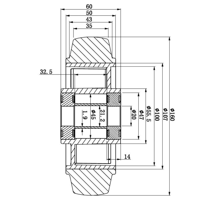 Rueda industrial de Ø160 x 50 mm, cubierta de caucho elástico, núcleo de aluminio, rodamiento de bolas de precisión, orificio de eje de Ø20 mm, longitud del cubo de 60 mm, capacidad de carga de 300 kg.