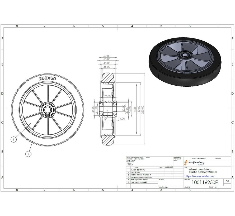 Transportgeräte Rad aus Elastikreifen, Präzisionskugellager, Rad-Ø 250mm, 500KG