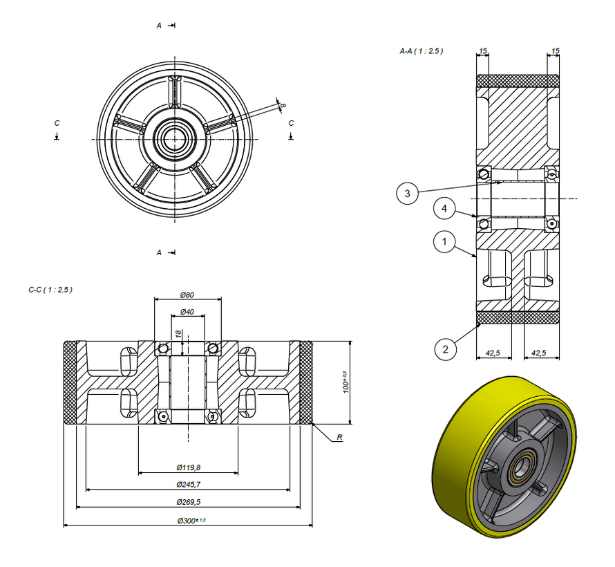 hjul Ø 300 x 100mm, vulkaniserat polyuretandäck, 3000KG